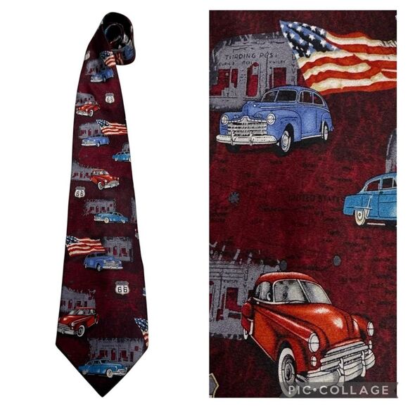 Tango Route 66 Classic Car USA Flag Silk Necktie Tie Handmade - Picture 1 of 12